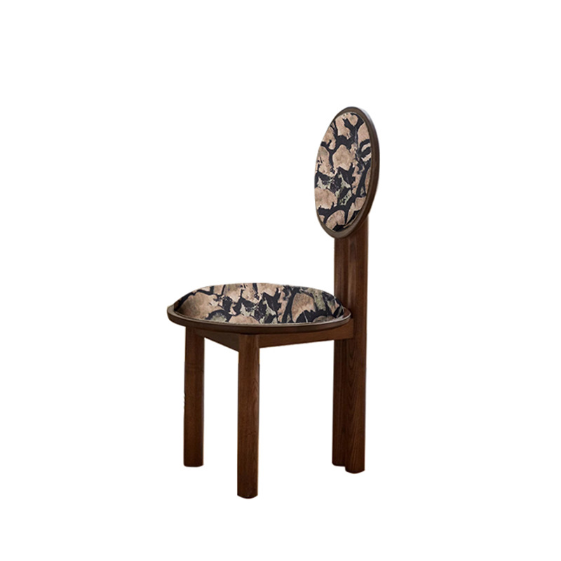 Vintage Solid Wood Dining Chair With Round Hollow Backrest, Cream Boucle Teddy Fabric Upholstered Seat, Mid Century Modern Designer Side Chair For Dining Room Kitchen