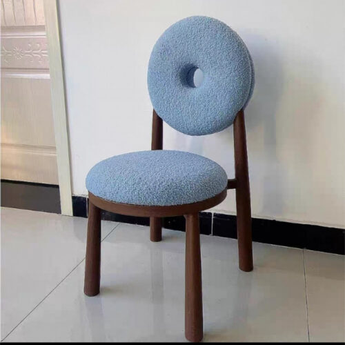 Solid Wood Dining Chair Donut Round Back Teddy Fabric Upholstered Makeup Stool for Bedroom Cafe Home Restaurant - Solid wo...