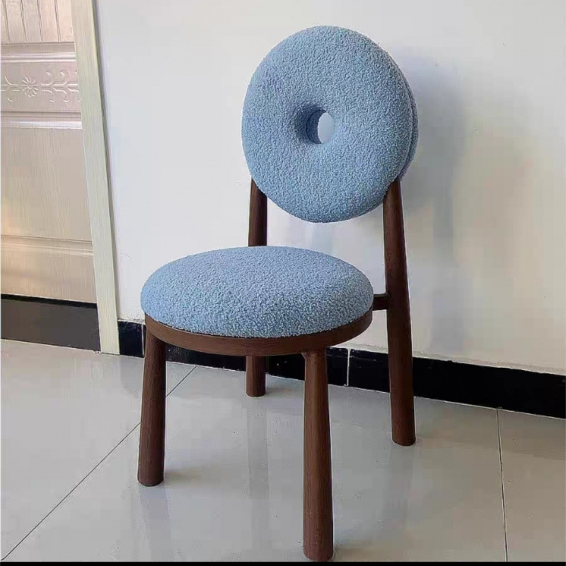 Solid Wood Dining Chair Donut Round Back Teddy Fabric Upholstered Makeup Stool for Bedroom Cafe Home Restaurant