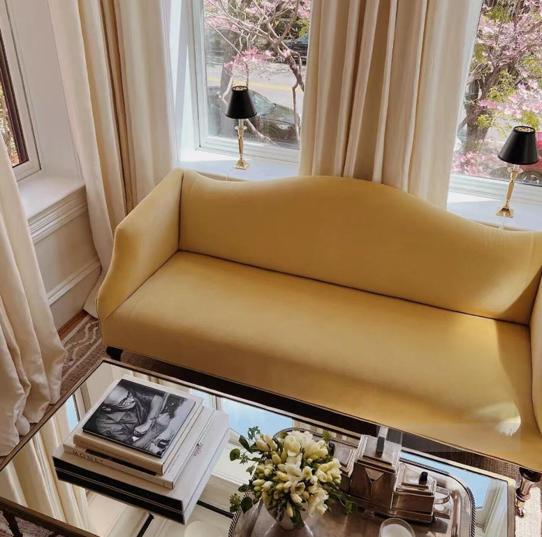 French Vintage Yellow Upholstered Sofa, Beautiful Velvet Sofa