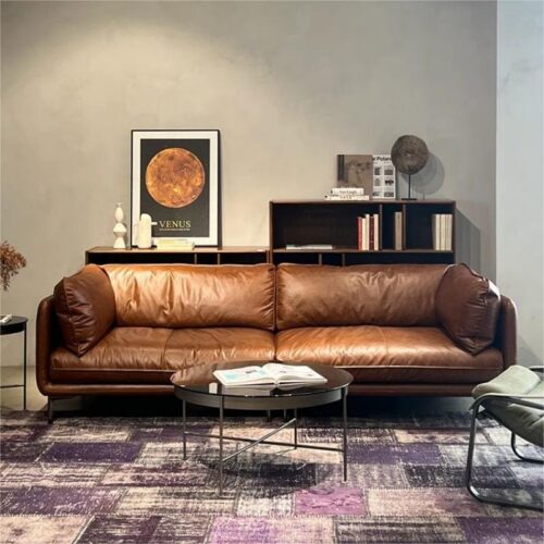 Vintage Genuine Leather Sofa, Italian Minimalist Top-Grain Cowhide - Living room furniture - QONKA HOME