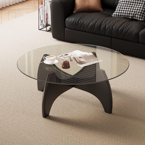 Mid‑Century Round Clear Glass Coffee Table, Tripod Wooden Leg Transparent Center Table - Coffee table - QONKA HOME