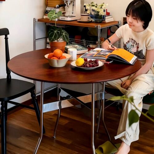 Vintage Round Dining Table Solid Wood Tabletop Carbon Steel Legs Mid‑Century Dining Table For Home Kitchen Dining Room -...
