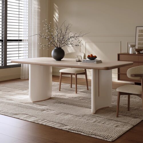 Modern Rectangular Dining Table Sintered Stone Top with Solid Wood Legs Cream Style Dinner Table - Dining table - QONKA HOME