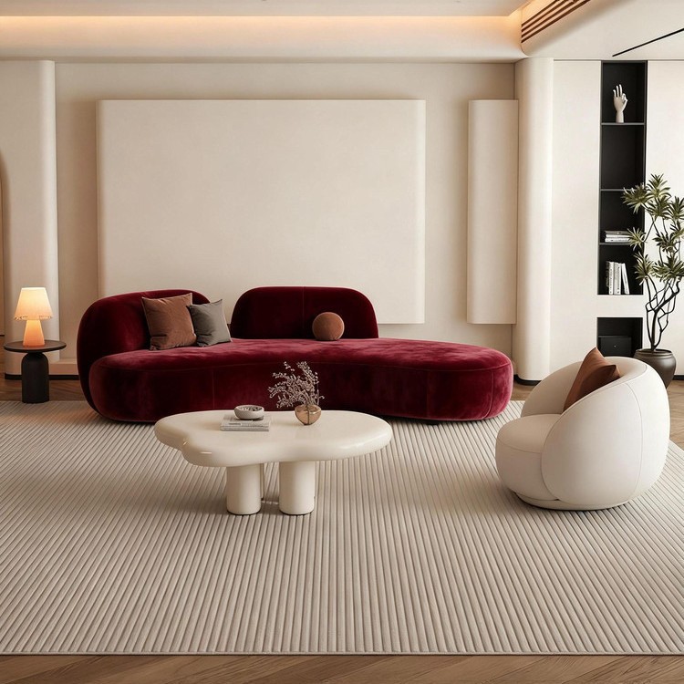 Wine-red Curved Fabric Sofa, Simple and Modern