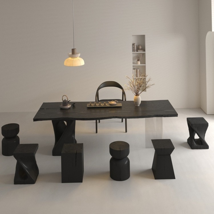 Solid Pine Wood Dining Table, Irregular Live‑Edge Tabletop, Modern Wabi‑Sabi Style Dining Desk