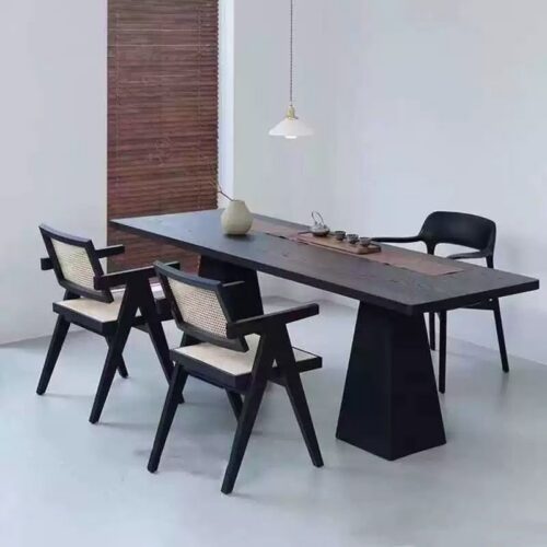 Solid Wood Dining Table, Pine / Ash Wood, Black Carbonized Finish, Modern Wabi‑Sabi Rectangular Dinner Table - Dining ta...