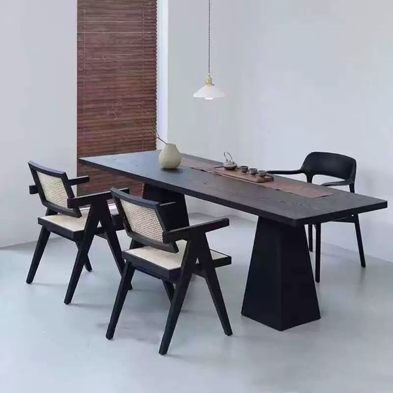 Solid Wood Dining Table, Pine / Ash Wood, Black Carbonized Finish, Modern Wabi‑Sabi Rectangular Dinner Table