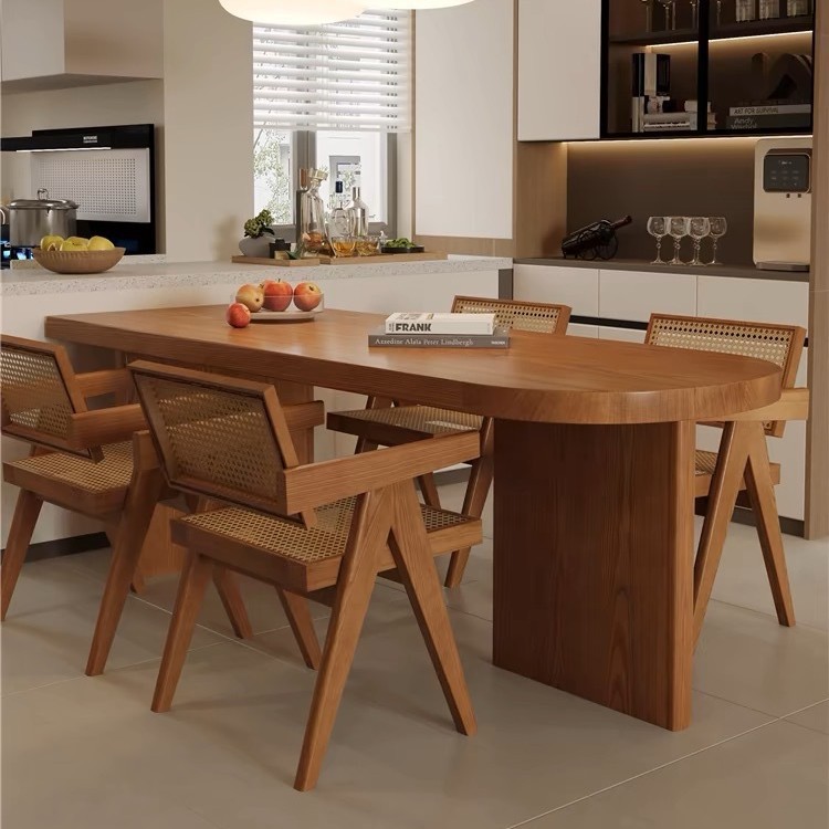 Solid Wood Rounded‑End Dining Table, Pine / Ash Wood Optional, Modern Mid‑Century Rectangular Dinner Table