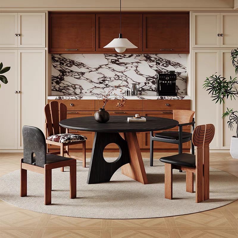 Round Solid Wood Dining Table, Pine / Ash Wood Artistic Spliced Base Dining Table for Home Dining Room