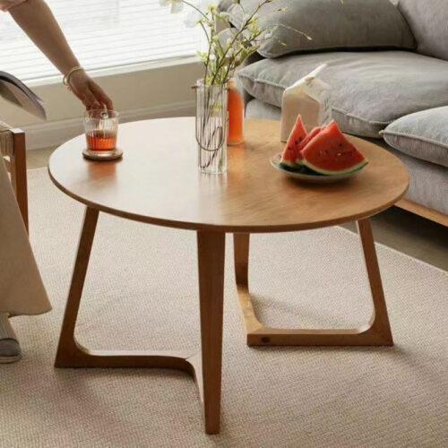Modern Round Wood Grain Coffee Table, Minimalist Cross V-shape Leg Wooden Center Table - Bedside table - QONKA HOME