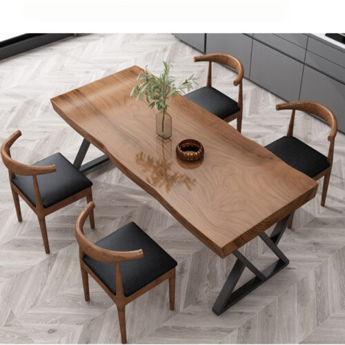 Solid Wood Dining Table, Pine Tabletop With X‑Shape Metal Iron Base Rectangular Live‑Edge Dining Table - Dining table ...