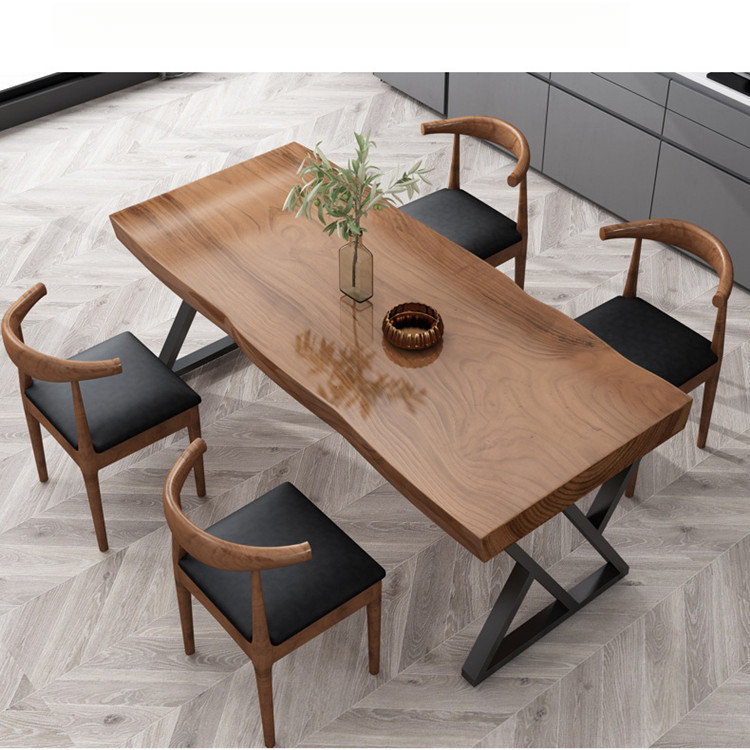 Solid Wood Dining Table, Pine Tabletop With X‑Shape Metal Iron Base Rectangular Live‑Edge Dining Table