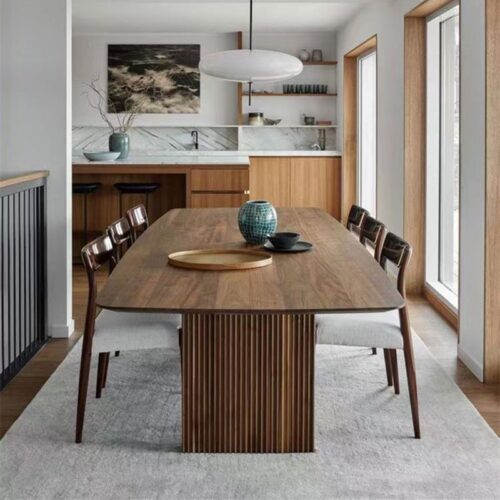 Rectangular Solid Wood Dining Table, Pine / Ash Wood Fluted Panel Base Modern Dining Table - Dining table - QONKA HOME