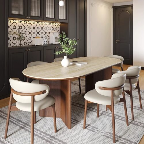 Oval Sintered Stone Dining Table With Solid Wood Legs Mid Century Home Dinner Table - Dining table - QONKA HOME