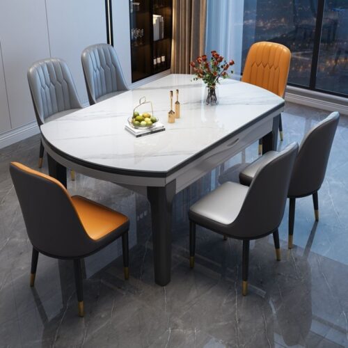 Extendable Dining Table with Sintered Stone Top & Rubber Wood Frame, Round to Oval Convertible Dinner Table for Home ...