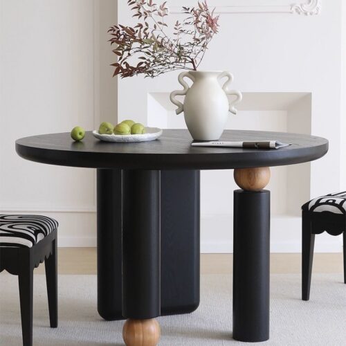 Round Solid Wood Dining Table with Ball Decor, Pine & Ash Wood Dining Table for Home Dining Room - Dining table - QON...