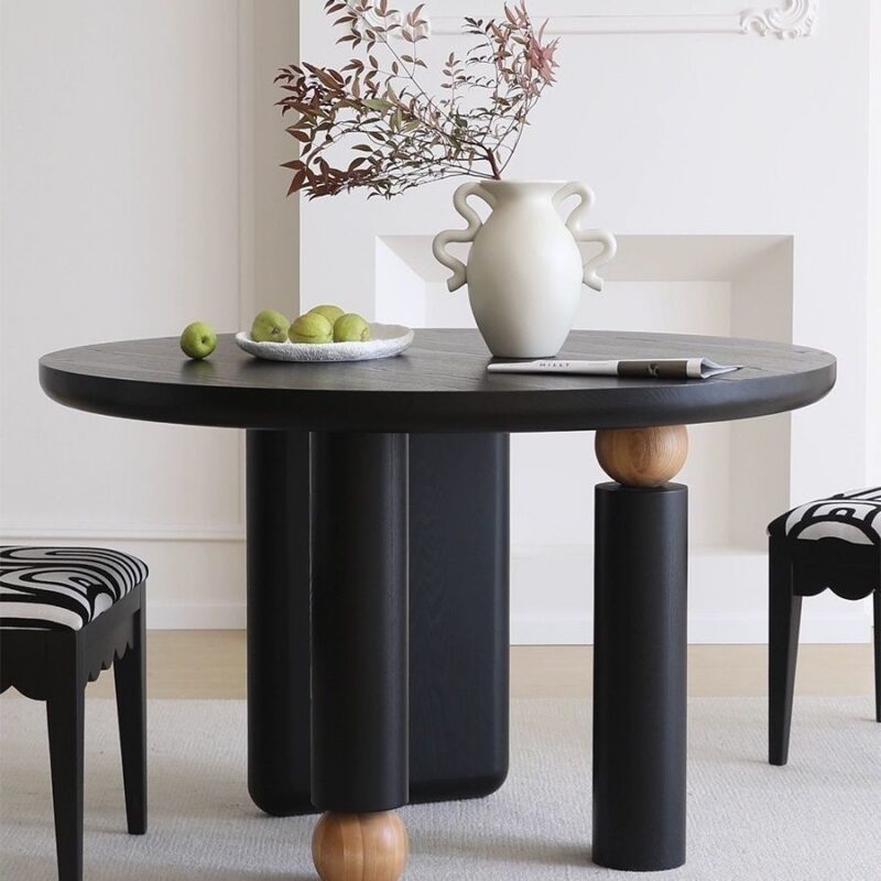 Round Solid Wood Dining Table with Ball Decor, Pine & Ash Wood Dining Table for Home Dining Room