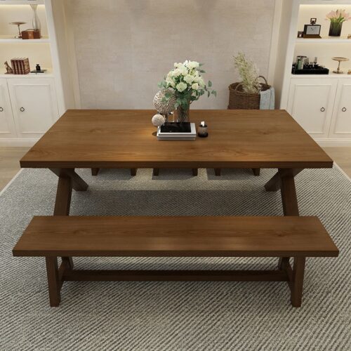 Solid Pine Wood Rectangular Dining Table, X‑Leg Farmhouse Dining Table for Dining Room - Dining table - QONKA HOME