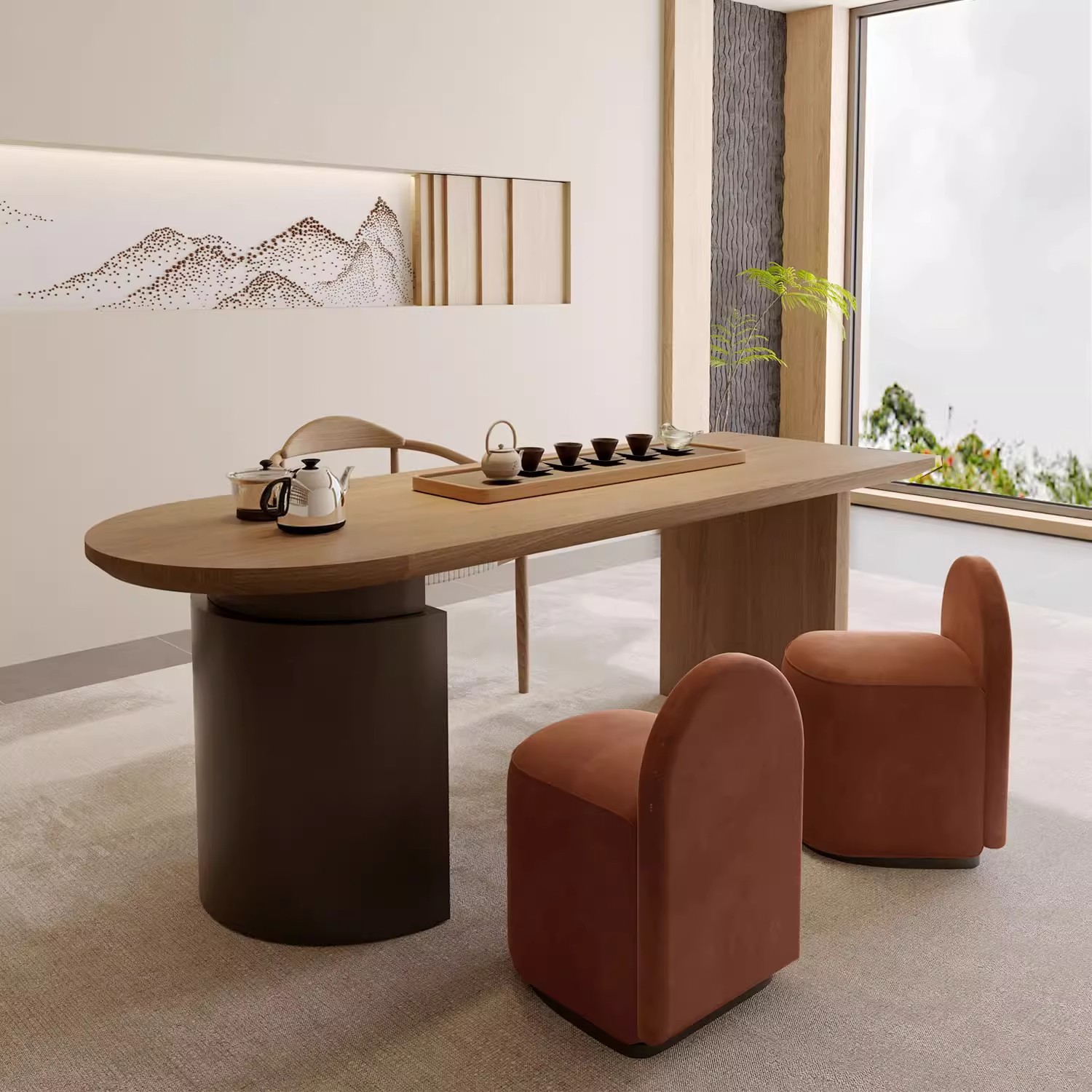 Modern Rock Slab Dining Table with Solid Pine Wood Legs Rectangular Home Dining Desk