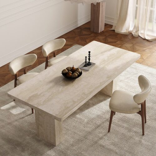 Modern Travertine‑Effect Sintered Stone Dining Table, Rectangular Stone Dining Table for Home Dining Room - Dining table...