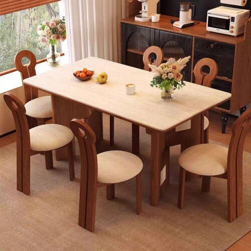 Art Geometric Dining Table, Sintered Stone Tabletop with Ash Wood Frame for Home Dining Room - Dining table - QONKA HOME