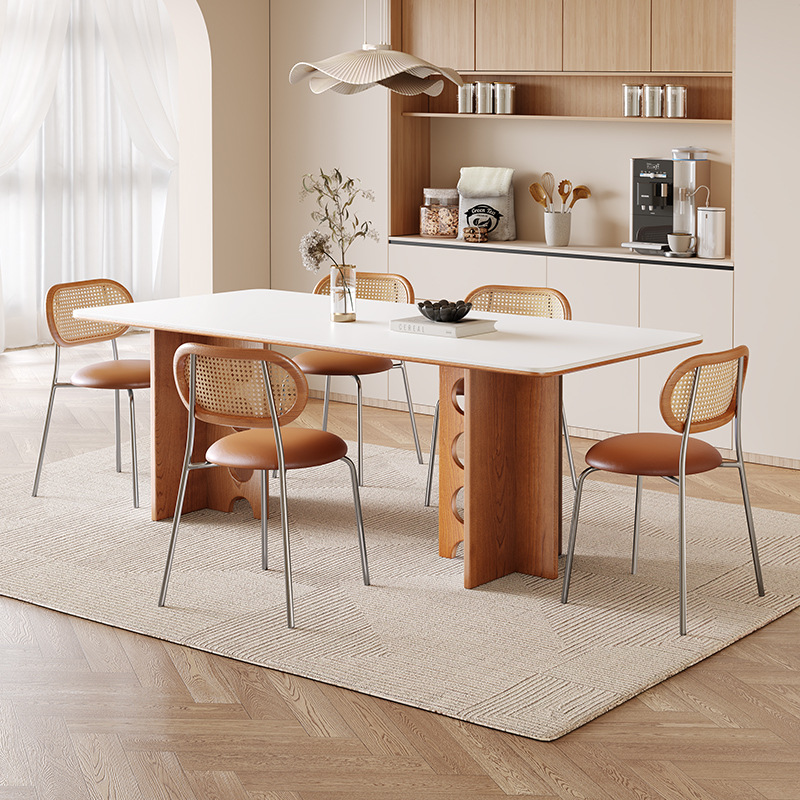 Retro Hollow‑Leg Dining Table, Sintered Stone Tabletop with Solid Ash Wood Frame for Home Dining Room - Dining table - Q...