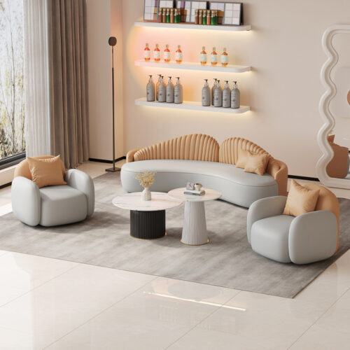 Curved Leather Sofa, Modern Minimalist Style - Living room furniture - QONKA HOME
