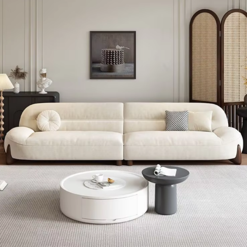 QONKA HOME tan leather sofa custom furniture in factory warehouse
