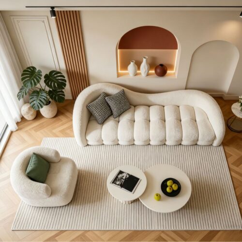 Upholstered Curved Sofa, Cream-colored, with Lambswool Fabric - Living room furniture - QONKA HOME