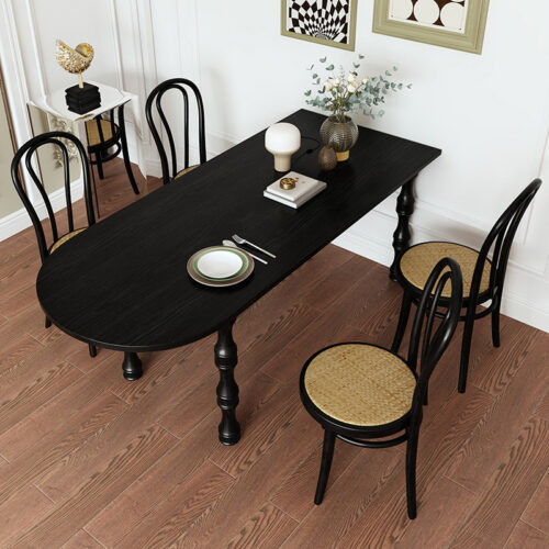 Oval Solid Pine Wood Dining Table Vintage Turned Leg Black Dinner Table - Dining table - QONKA HOME