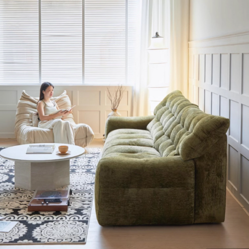 French Mid-Century Style Sofa, High-End Chenille Sofa, Vintage Green Living Room Sofa - Living room furniture - QONKA HOME