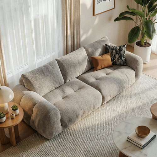 French Chenille Sofa, Cloud-Inspired Creamy Style - Living room furniture - QONKA HOME