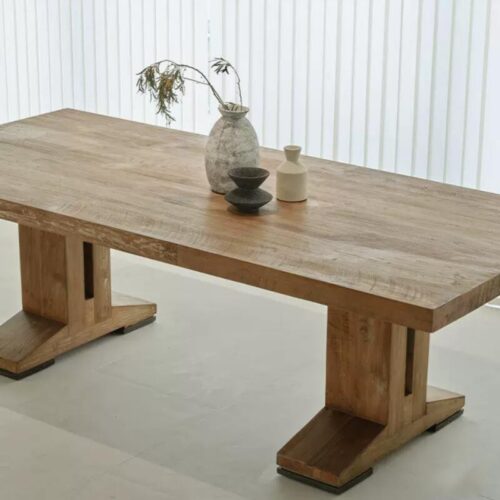 Rectangular Solid Pine Wood Dining Table Wabi Sabi Farmhouse Style Dinner Table - Dining table - QONKA HOME