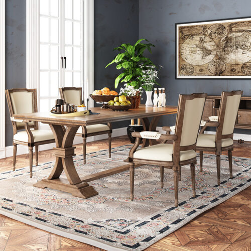 Rectangular Solid Pine Wood Dining Table Farmhouse Trestle Leg Dinner Table - Dining table - QONKA HOME