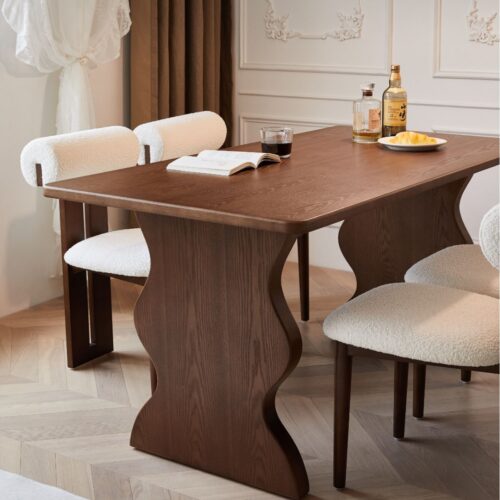 Rectangular Solid Pine Wood Dining Table Wavy Sculptural Leg Mid Century Dinner Table - Dining table - QONKA HOME
