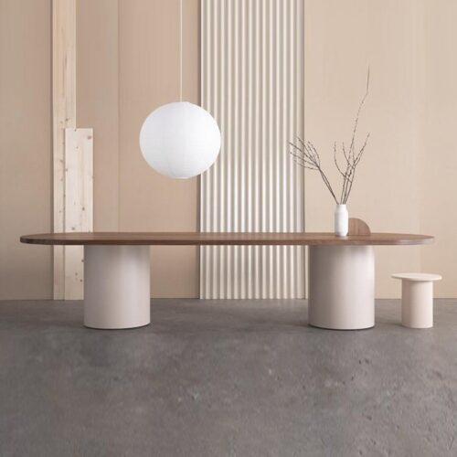 Oval Solid Pine Wood Dining Table Two Cylinder Base Minimalist Wabi Sabi Dinner Table - Dining table - QONKA HOME