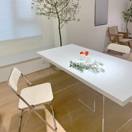 Rectangular Solid Wood Table with Acrylic Legs Minimalist White Dining Desk - Dining table - QONKA HOME