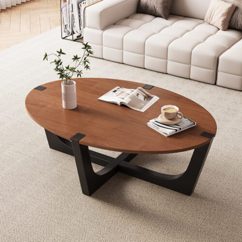 Oval & Round Solid Wood Coffee Table with Black Metal Legs, Modern Living Room Center Table - Coffee table - QONKA HOME