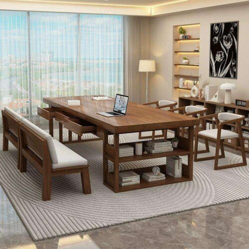 Solid Pine Wood Multi-function Dining Table with Side Drawers & Bottom Storage Shelf - Dining table - QONKA HOME