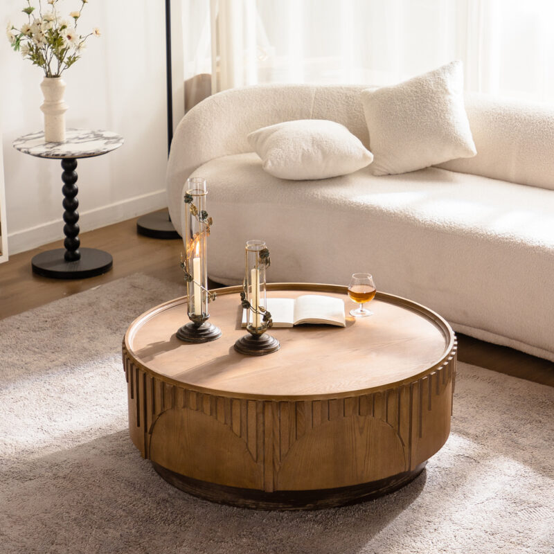 Mid‑Century Round Wood Coffee Table, Carved Fluted Pedestal Center Table, Vintage Distressed Wooden Tea Table