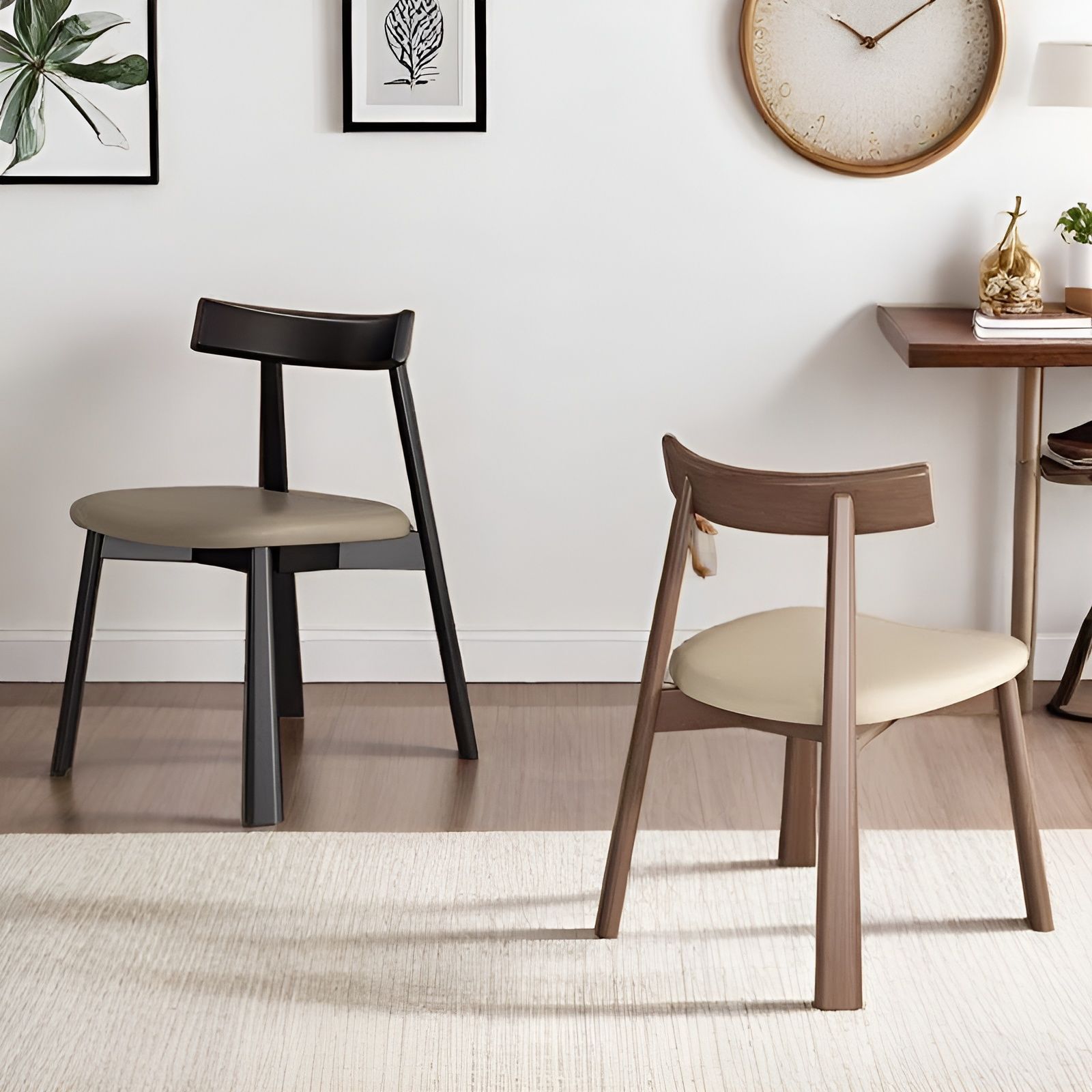 Walnut Finish Solid Wood Dining Chair with Cream Upholstered Seat, Modern Simple Restaurant Chair for Home Hotel Cafe