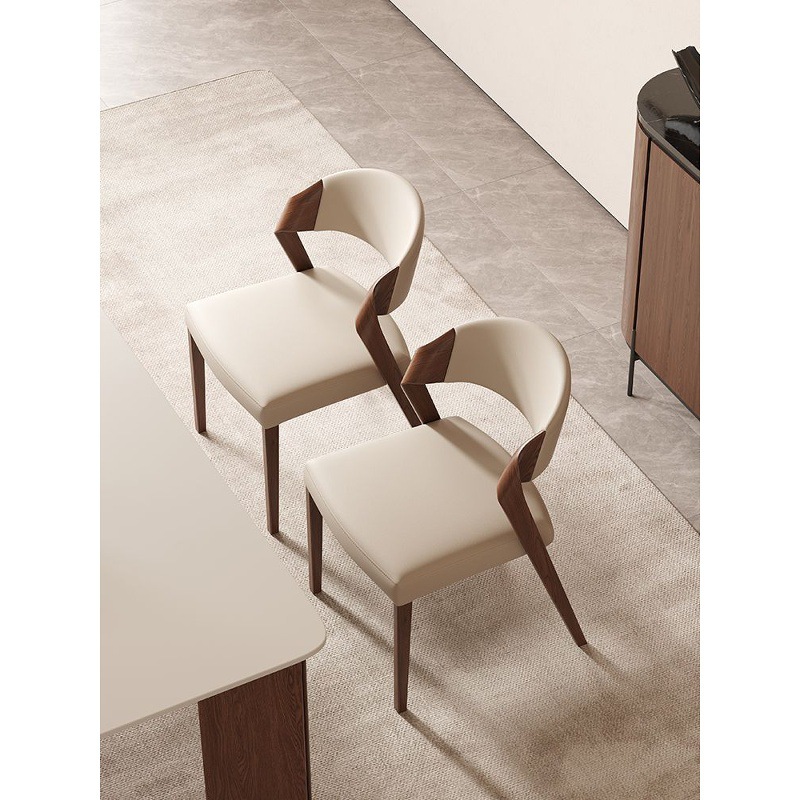 Italian Minimalist Solid Wood Arm Dining Chair PU Leather Upholstered Side Chair Ergonomic Curved Backrest Chair