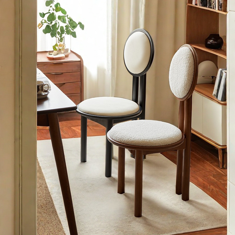 Vintage Solid Wood Dining Chair With Round Hollow Backrest, Cream Boucle Teddy Fabric Upholstered Seat, Mid Century Modern Designer Side Chair For Dining Room Kitchen
