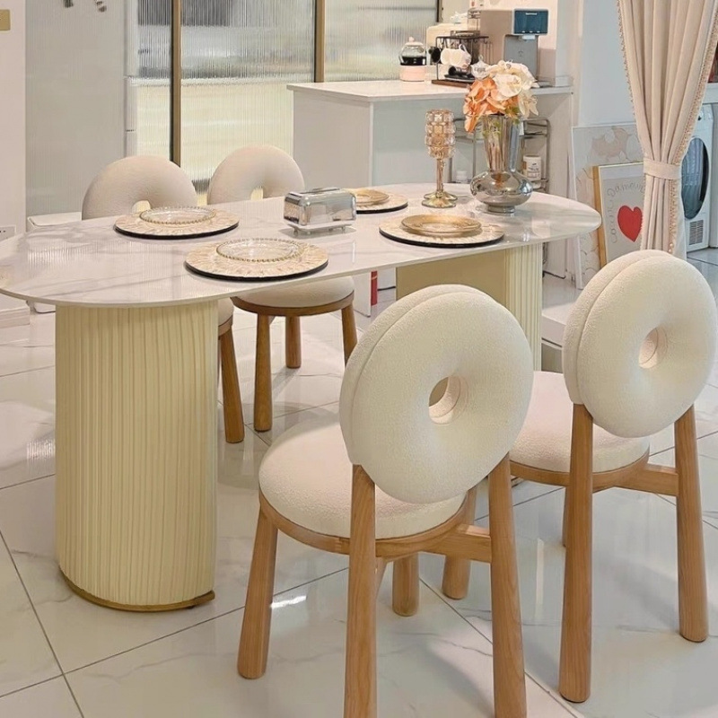 Solid Wood Dining Chair Donut Round Back Teddy Fabric Upholstered Makeup Stool for Bedroom Cafe Home Restaurant