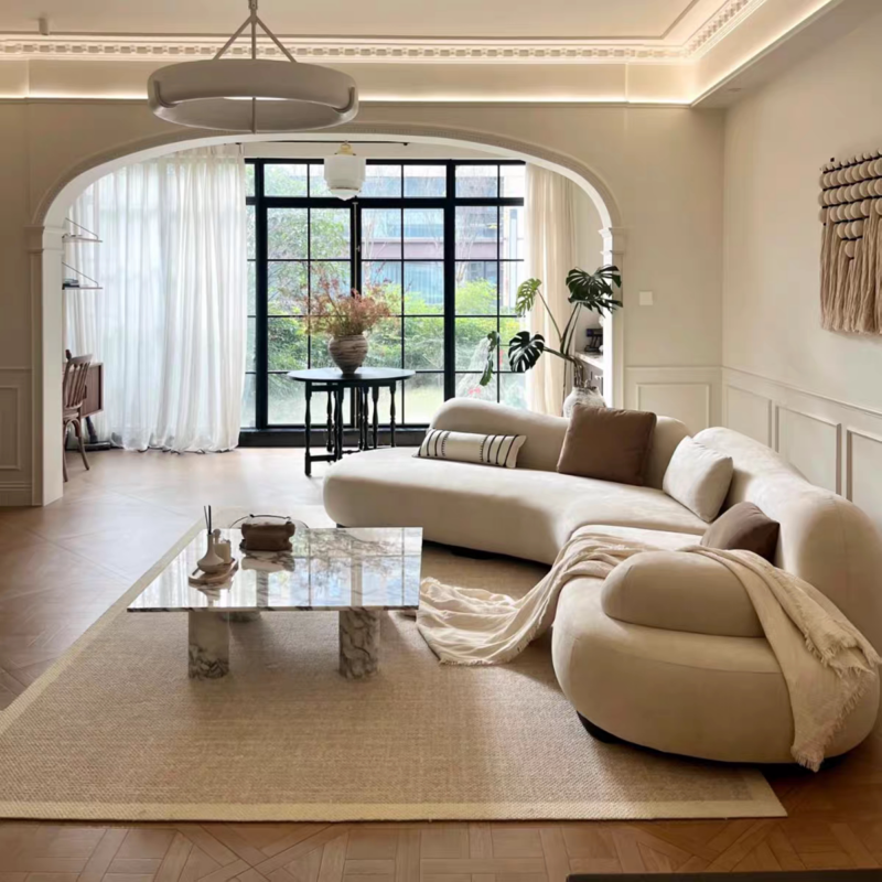 Italian Curved Sofa, Light Luxury with a Sophisticated Sea Salt Finish