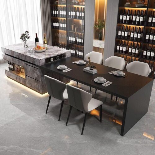 Modern Sintered Stone Dining Table with Solid Wood Cabinet Kitchen Island Integrated with LED Light - Dining table - QONKA...