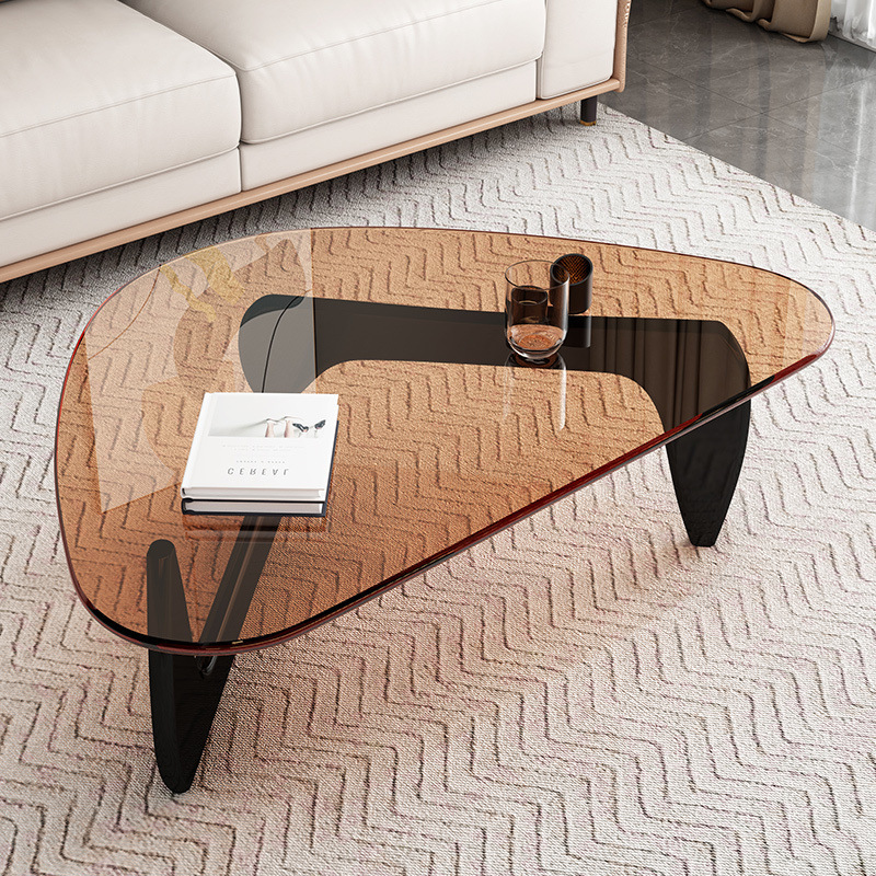 Mid‑Century Irregular Amber Glass Coffee Table, Asymmetrical Tea Table with Rubber Wood Legs - Coffee table - QONKA HOME