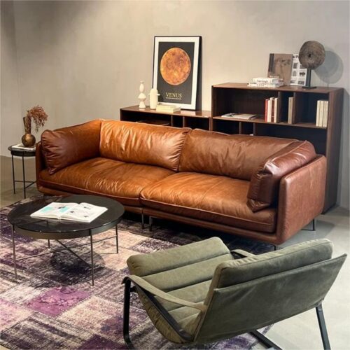 Vintage Genuine Leather Sofa, Italian Minimalist Top-Grain Cowhide - Living room furniture - QONKA HOME
