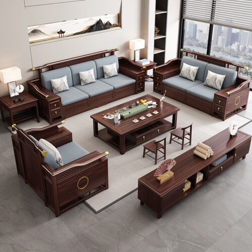 QONKA Song-style Aesthetic Genuine Leather Black Walnut Sofa Customizable main product image 3